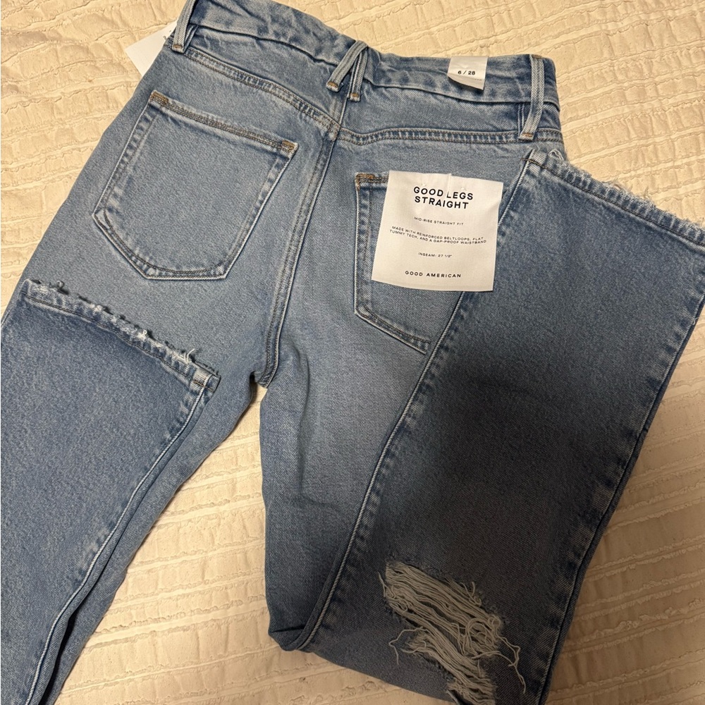 Good American Blue Straight Leg Distressed Denim